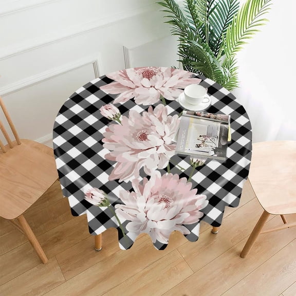 GooTPa 60 Inch Round Tablecloth, Pink Daisy Black Gingham Bouquet Premium Polyester Straight Edge Wrinkle Resistant Washable Table Cover for Home Dining Party Decor