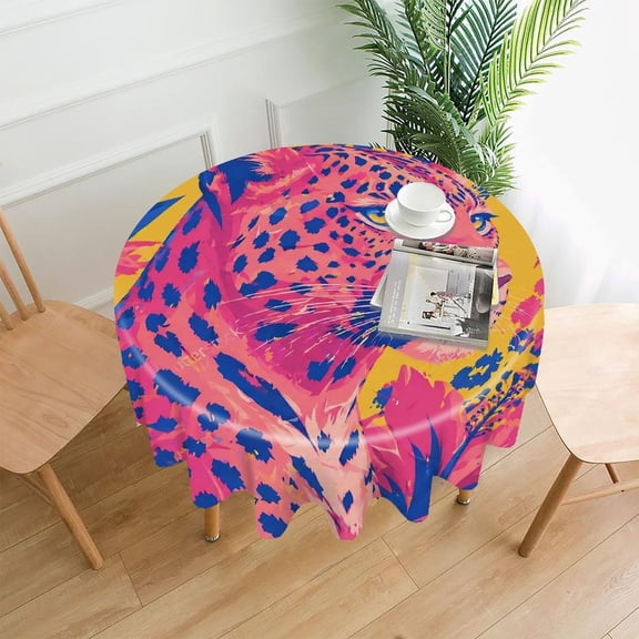 GooTPa 60 Inch Round Tablecloth,Pink Leopard With Blue Spots Portrait Premium Polyester Straight Edge Wrinkle Resistant Washable Table Cover for Home Dining Party Decor
