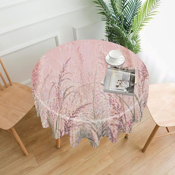 GooTPa 60 Inch Round Tablecloth,Pink Pampas Grass Field Premium Polyester Straight Edge Wrinkle Resistant Washable Table Cover for Home Dining Party Decor