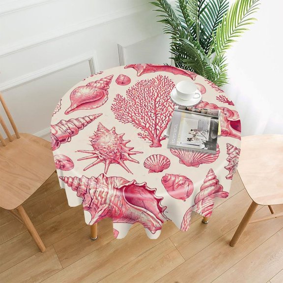 GooTPa 60 Inch Round Tablecloth,Pink Seashell And Coral Pattern Premium Polyester Straight Edge Wrinkle Resistant Washable Table Cover for Home Dining Party Decor