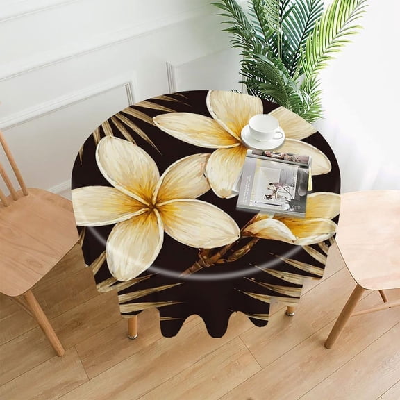 GooTPa 60 Inch Round Tablecloth, Plumeria Flowers With Palm Leaves Premium Polyester Straight Edge Wrinkle Resistant Washable Table Cover for Home Dining Party Decor