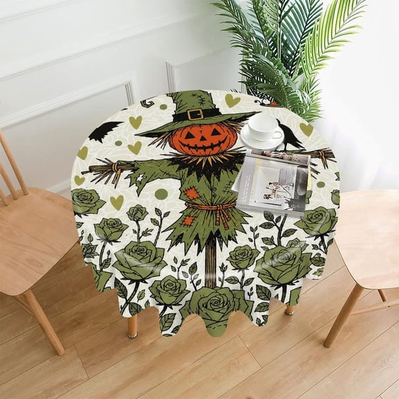 GooTPa 60 Inch Round Tablecloth, Pumpkin Scarecrow In Rose Garden With Bats Premium Polyester Straight Edge Wrinkle Resistant Washable Table Cover for Home Dining Party Decor
