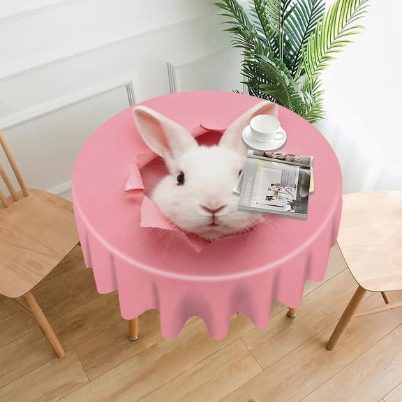 GooTPa 60 Inch Round Tablecloth,Rabbit Peeking Through Pink Paper Premium Polyester Straight Edge Wrinkle Resistant Washable Table Cover for Home Dining Party Decor