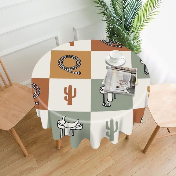 GooTPa 60 Inch Round Tablecloth, Ranch Saddle And Lasso Pattern Premium Polyester Straight Edge Wrinkle Resistant Washable Table Cover for Home Dining Party Decor