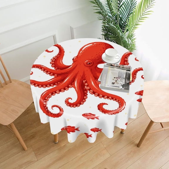 GooTPa 60 Inch Round Tablecloth,Red Octopus Fish Premium Polyester Straight Edge Wrinkle Resistant Washable Table Cover for Home Dining Party Decor