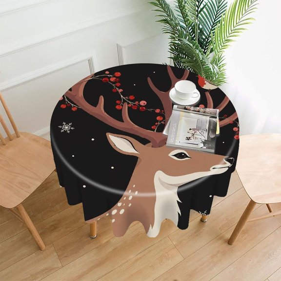 GooTPa 60 Inch Round Tablecloth,Reindeer With Robin And Berries Premium Polyester Straight Edge Wrinkle Resistant Washable Table Cover for Home Dining Party Decor