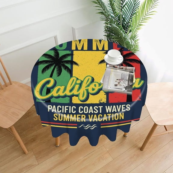 GooTPa 60 Inch Round Tablecloth,Retro California Summer Vacation Pacific Waves Premium Polyester Straight Edge Wrinkle Resistant Washable Table Cover for Home Dining Party Decor