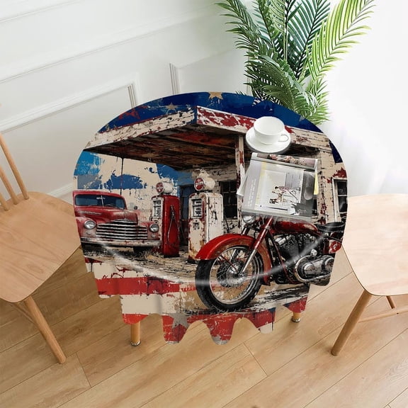 GooTPa 60 Inch Round Tablecloth, Retro Gas Station With Truck And Motorcycle Premium Polyester Straight Edge Wrinkle Resistant Washable Table Cover for Home Dining Party Decor