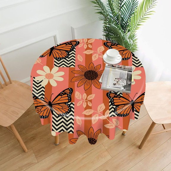 GooTPa 60 Inch Round Tablecloth,Retro Sun-Kissed Butterflies Premium Polyester Straight Edge Wrinkle Resistant Washable Table Cover for Home Dining Party Decor