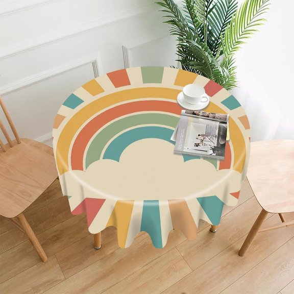 GooTPa 60 Inch Round Tablecloth, Retro Sunburst Rainbow Cloud Premium Polyester Straight Edge Wrinkle Resistant Washable Table Cover for Home Dining Party Decor