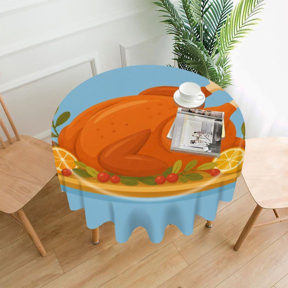 GooTPa 60 Inch Round Tablecloth, Roast Turkey Feast Premium Polyester Straight Edge Wrinkle Resistant Washable Table Cover for Home Dining Party Decor