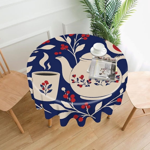 GooTPa 60 Inch Round Tablecloth,Robin On Berry Teapot Still Life Premium Polyester Straight Edge Wrinkle Resistant Washable Table Cover for Home Dining Party Decor
