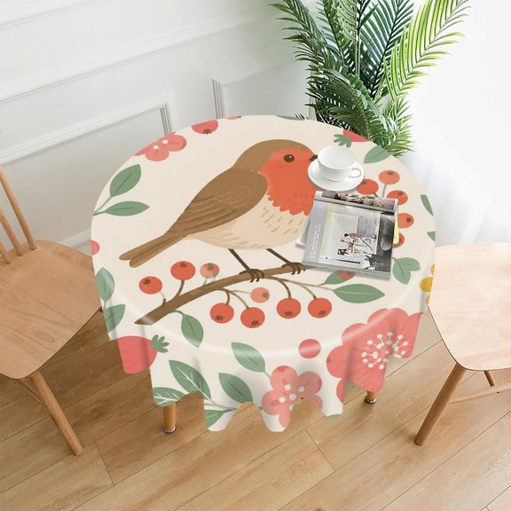GooTPa 60 Inch Round Tablecloth, Robin Bird Floral Branch Premium Polyester Straight Edge Wrinkle Resistant Washable Table Cover for Home Dining Party Decor