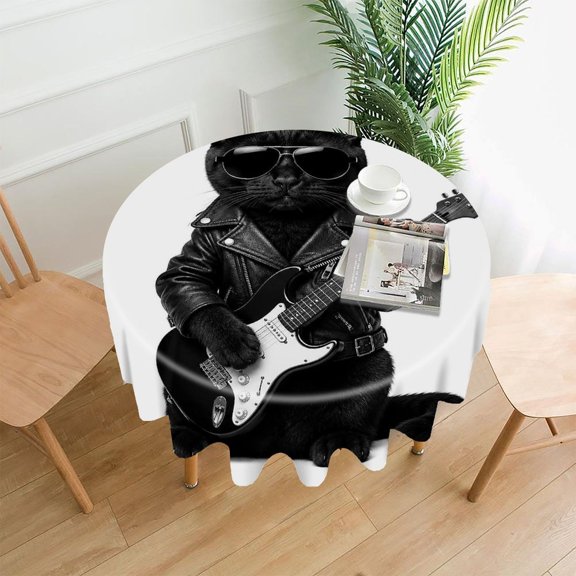 GooTPa 60 Inch Round Tablecloth,Rock Star Cat in Leather Jacket Premium Polyester Straight Edge Wrinkle Resistant Washable Table Cover for Home Dining Party Decor