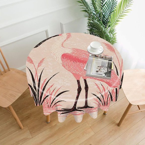 GooTPa 60 Inch Round Tablecloth,Roseate Spoonbill In Wetland Grass Premium Polyester Straight Edge Wrinkle Resistant Washable Table Cover for Home Dining Party Decor