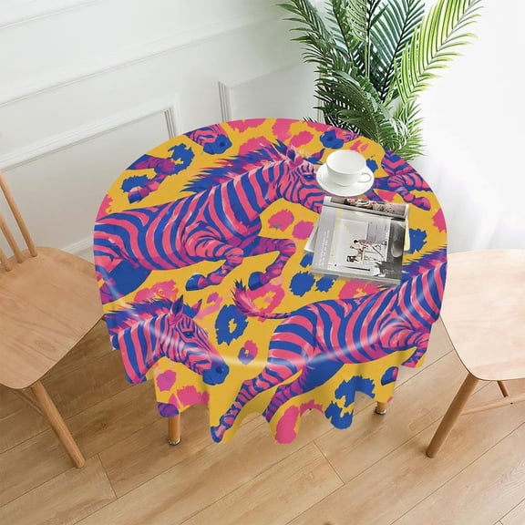 GooTPa 60 Inch Round Tablecloth,Running Zebras On Leopard Print Background Premium Polyester Straight Edge Wrinkle Resistant Washable Table Cover for Home Dining Party Decor