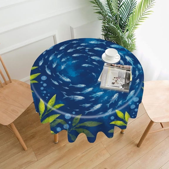 GooTPa 60 Inch Round Tablecloth,School Of Silver Fish In Blue Depths Premium Polyester Straight Edge Wrinkle Resistant Washable Table Cover for Home Dining Party Decor