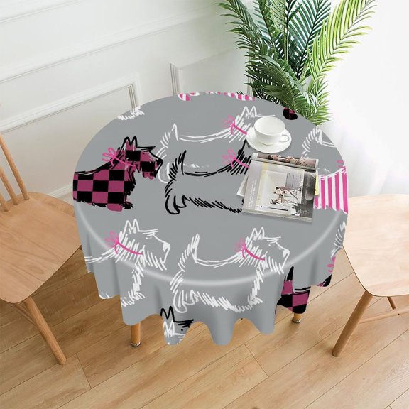 GooTPa 60 Inch Round Tablecloth, Scottie Dog Pattern Checkered Striped Premium Polyester Straight Edge Wrinkle Resistant Washable Table Cover for Home Dining Party Decor