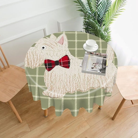 GooTPa 60 Inch Round Tablecloth,Scottish Terrier With Plaid Bow Premium Polyester Straight Edge Wrinkle Resistant Washable Table Cover for Home Dining Party Decor