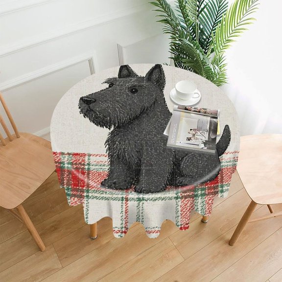 GooTPa 60 Inch Round Tablecloth,Scottish Terrier Plaid Sitting Premium Polyester Straight Edge Wrinkle Resistant Washable Table Cover for Home Dining Party Decor