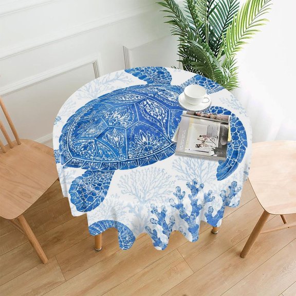 GooTPa 60 Inch Round Tablecloth,Sea Turtle Shell Pattern Premium Polyester Straight Edge Wrinkle Resistant Washable Table Cover for Home Dining Party Decor