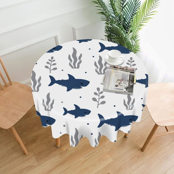GooTPa 60 Inch Round Tablecloth,Sharks And Seaweed Pattern Premium Polyester Straight Edge Wrinkle Resistant Washable Table Cover for Home Dining Party Decor