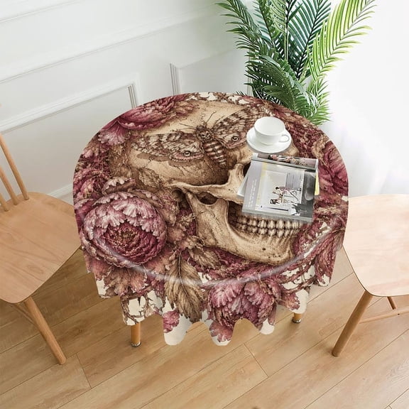 GooTPa 60 Inch Round Tablecloth,Skull with Peonies And Moth Premium Polyester Straight Edge Wrinkle Resistant Washable Table Cover for Home Dining Party Decor