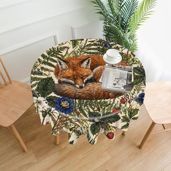 GooTPa 60 Inch Round Tablecloth,Sleeping Fox Wildflowers Strawberries Premium Polyester Straight Edge Wrinkle Resistant Washable Table Cover for Home Dining Party Decor