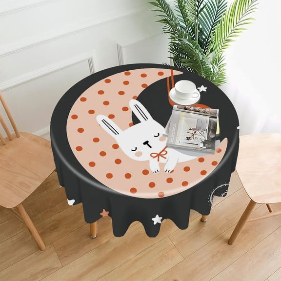GooTPa 60 Inch Round Tablecloth,Sleeping Superhero Bunny on Moon Premium Polyester Straight Edge Wrinkle Resistant Washable Table Cover for Home Dining Party Decor