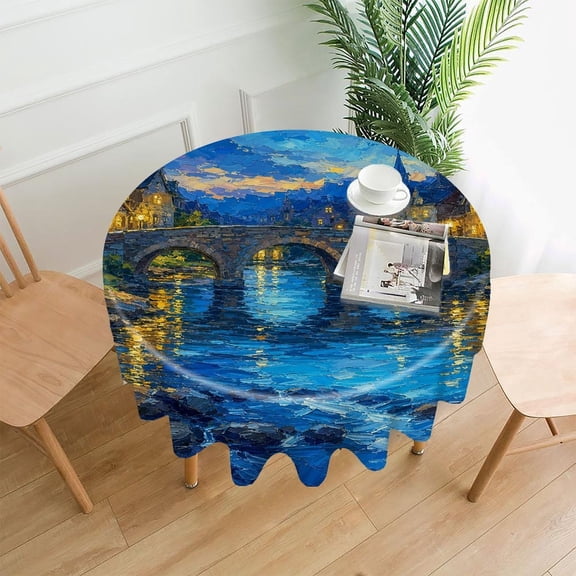 GooTPa 60 Inch Round Tablecloth, Stone Bridge Twilight Premium Polyester Straight Edge Wrinkle Resistant Washable Table Cover for Home Dining Party Decor