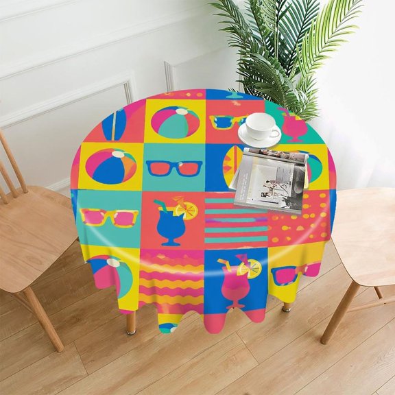 GooTPa 60 Inch Round Tablecloth,Summer Beach Icons Pattern Premium Polyester Straight Edge Wrinkle Resistant Washable Table Cover for Home Dining Party Decor