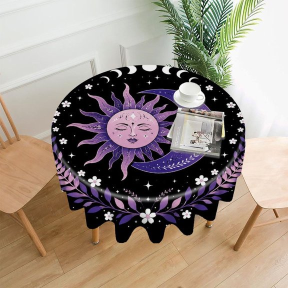 GooTPa 60 Inch Round Tablecloth, Sun And Moon Faces Premium Polyester Straight Edge Wrinkle Resistant Washable Table Cover for Home Dining Party Decor