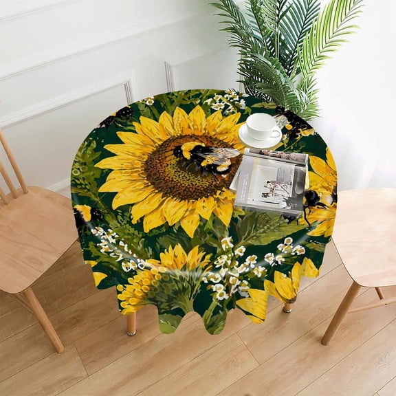 GooTPa 60 Inch Round Tablecloth, Sunflower Bumblebee Garden Premium Polyester Straight Edge Wrinkle Resistant Washable Table Cover for Home Dining Party Decor