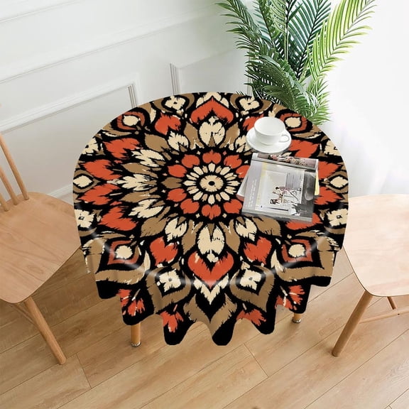 GooTPa 60 Inch Round Tablecloth,Symmetrical Mandala in Earth Tones Premium Polyester Straight Edge Wrinkle Resistant Washable Table Cover for Home Dining Party Decor