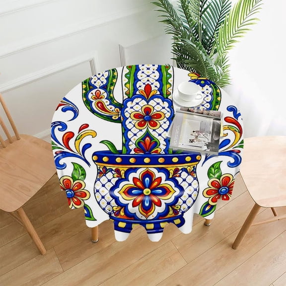 GooTPa 60 Inch Round Tablecloth, Talavera Blooming Cactus Pot Premium Polyester Straight Edge Wrinkle Resistant Washable Table Cover for Home Dining Party Decor