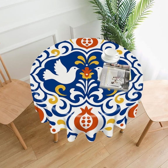 GooTPa 60 Inch Round Tablecloth, Talavera Doves Pomegranate Pattern Premium Polyester Straight Edge Wrinkle Resistant Washable Table Cover for Home Dining Party Decor