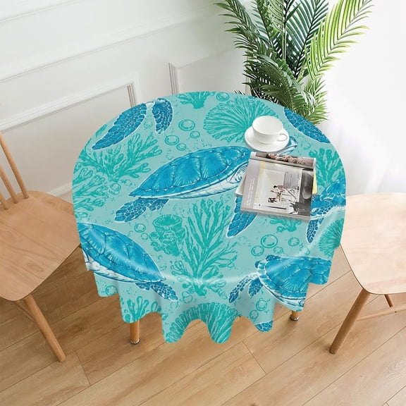 GooTPa 60 Inch Round Tablecloth,Teal Turtles Ocean Premium Polyester Straight Edge Wrinkle Resistant Washable Table Cover for Home Dining Party Decor