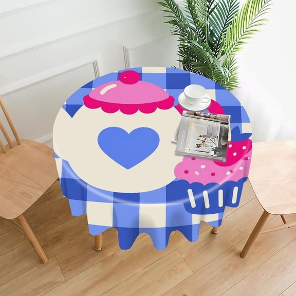 GooTPa 60 Inch Round Tablecloth,Teapot And Cupcake On Plaid Premium Polyester Straight Edge Wrinkle Resistant Washable Table Cover for Home Dining Party Decor