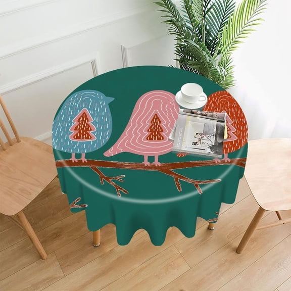 GooTPa 60 Inch Round Tablecloth, Three Folk Birds On Winter Branch Premium Polyester Straight Edge Wrinkle Resistant Washable Table Cover for Home Dining Party Decor