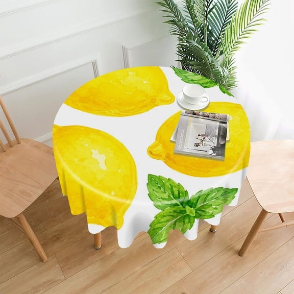 GooTPa 60 Inch Round Tablecloth,Three Lemons Mint Leaves Premium Polyester Straight Edge Wrinkle Resistant Washable Table Cover for Home Dining Party Decor