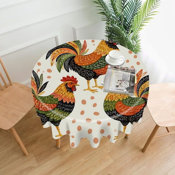 GooTPa 60 Inch Round Tablecloth, Three Proud Roosters In Folk Style Premium Polyester Straight Edge Wrinkle Resistant Washable Table Cover for Home Dining Party Decor