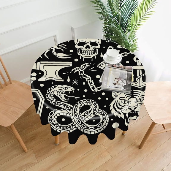 GooTPa 60 Inch Round Tablecloth,Traditional Flash Tattoo Monochrome Collage Premium Polyester Straight Edge Wrinkle Resistant Washable Table Cover for Home Dining Party Decor