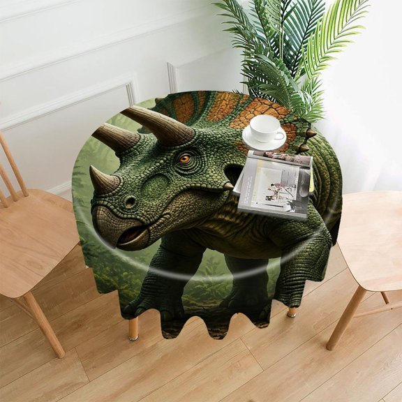 GooTPa 60 Inch Round Tablecloth, Triceratops Dinosaur Jungle Prehistoric Premium Polyester Straight Edge Wrinkle Resistant Washable Table Cover for Home Dining Party Decor