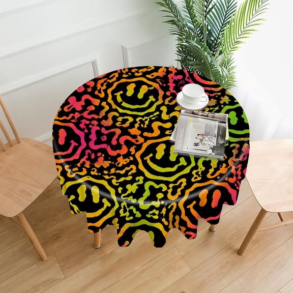 GooTPa 60 Inch Round Tablecloth, Trippy Smiley Face Pattern Premium Polyester Straight Edge Wrinkle Resistant Washable Table Cover for Home Dining Party Decor