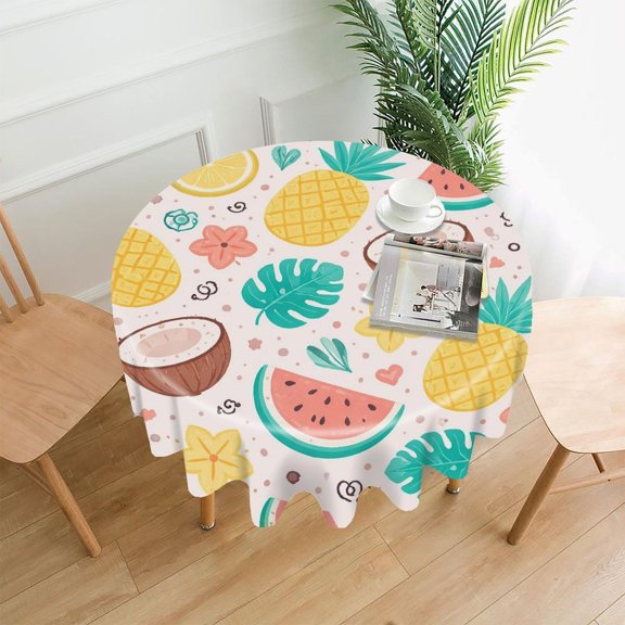 GooTPa 60 Inch Round Tablecloth, Tropical Fruit Coconut Pineapple Pattern Premium Polyester Straight Edge Wrinkle Resistant Washable Table Cover for Home Dining Party Decor