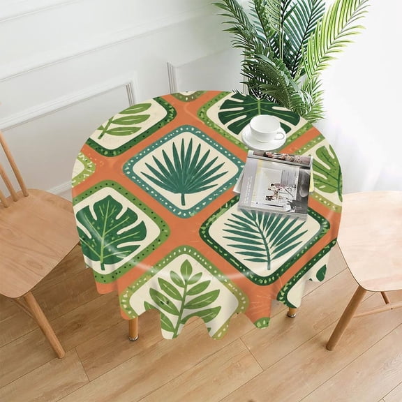 GooTPa 60 Inch Round Tablecloth, Tropical Monstera Leaves Diamond Pattern Premium Polyester Straight Edge Wrinkle Resistant Washable Table Cover for Home Dining Party Decor