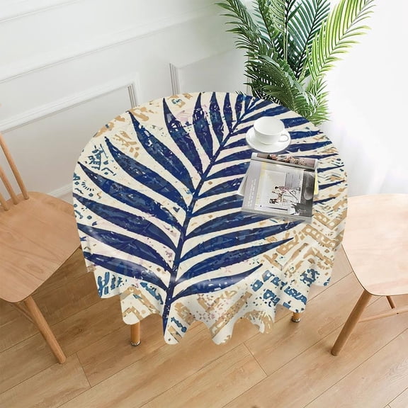 GooTPa 60 Inch Round Tablecloth, Tropical Palm Leaf Pattern Premium Polyester Straight Edge Wrinkle Resistant Washable Table Cover for Home Dining Party Decor