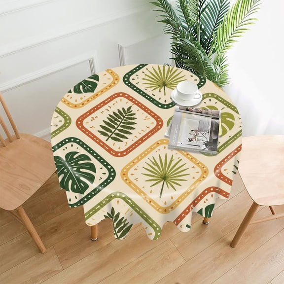 GooTPa 60 Inch Round Tablecloth, Tropical Palm Leaves Diamond Pattern Premium Polyester Straight Edge Wrinkle Resistant Washable Table Cover for Home Dining Party Decor