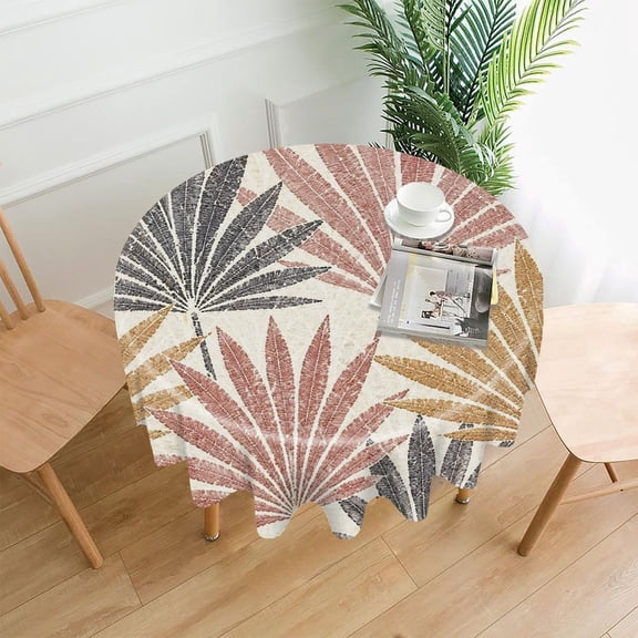 GooTPa 60 Inch Round Tablecloth, Tropical Palm Leaves Mosaic Pattern Premium Polyester Straight Edge Wrinkle Resistant Washable Table Cover for Home Dining Party Decor