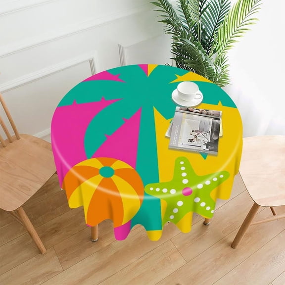 GooTPa 60 Inch Round Tablecloth, Tropical Palm Tree Beach Ball Starfish Premium Polyester Straight Edge Wrinkle Resistant Washable Table Cover for Home Dining Party Decor